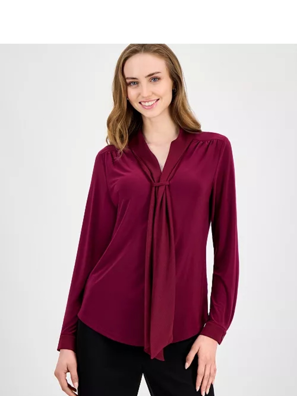 Anne Klein Burgundy Tie-Neck Long-Sleeve Blouse